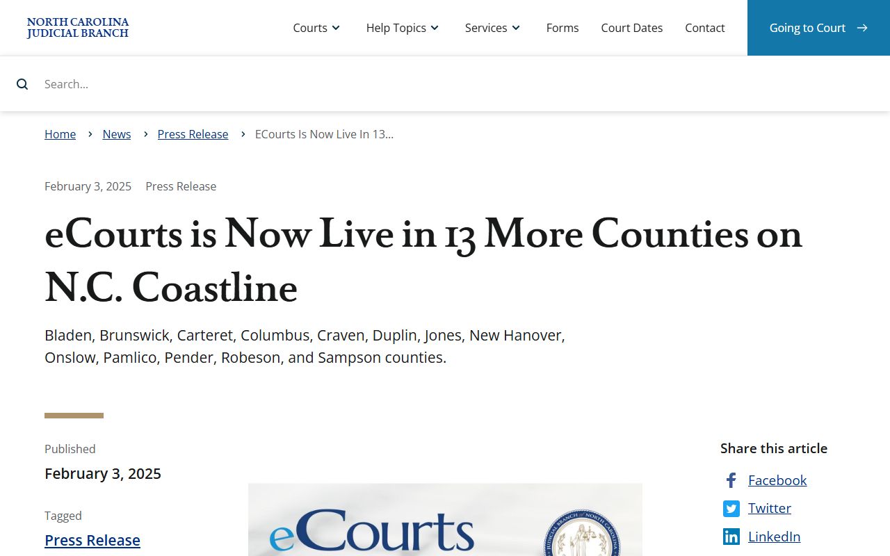 Robeson County court dockets eCourts rollout information