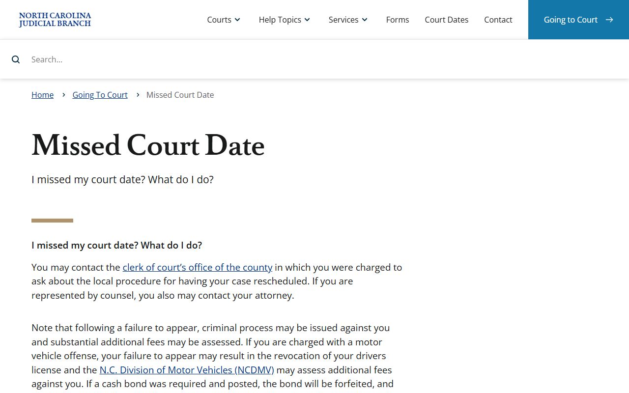 Robeson County court dockets missed court date guidance