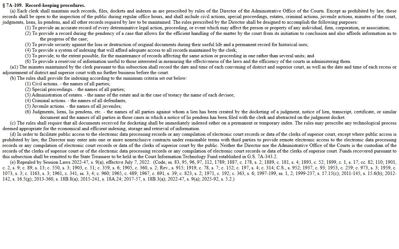 Robeson County court records N.C.G.S. 7A-109 statute