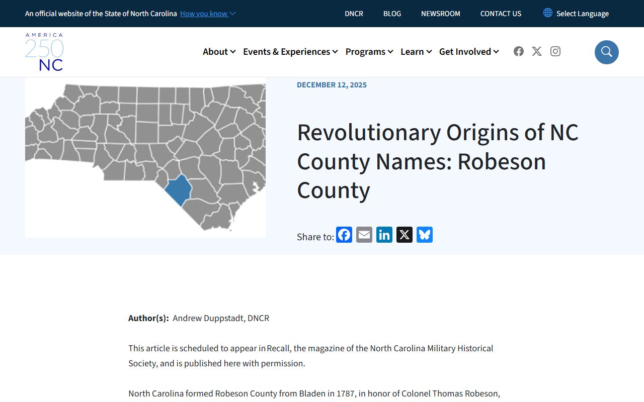 Robeson County court records historical county naming article