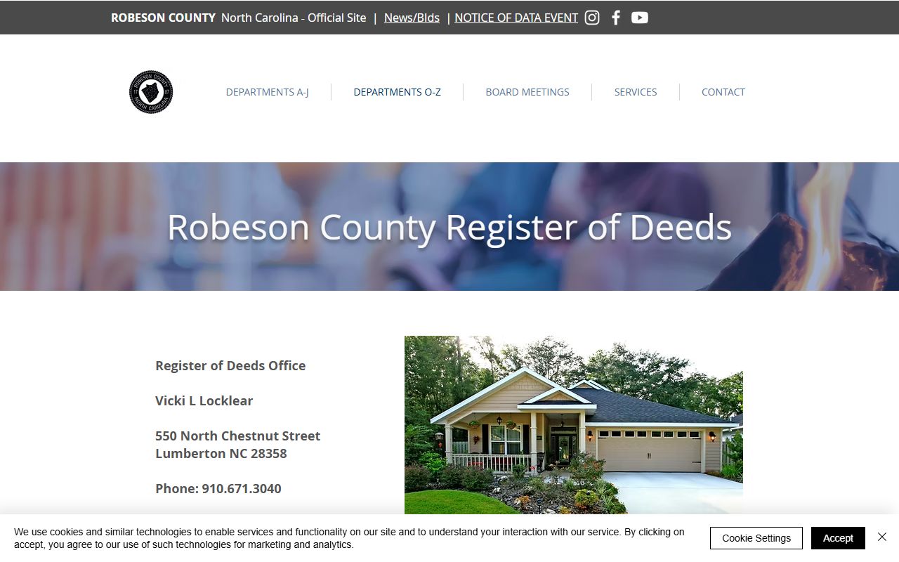 Robeson County marriage and divorce records Register of Deeds page